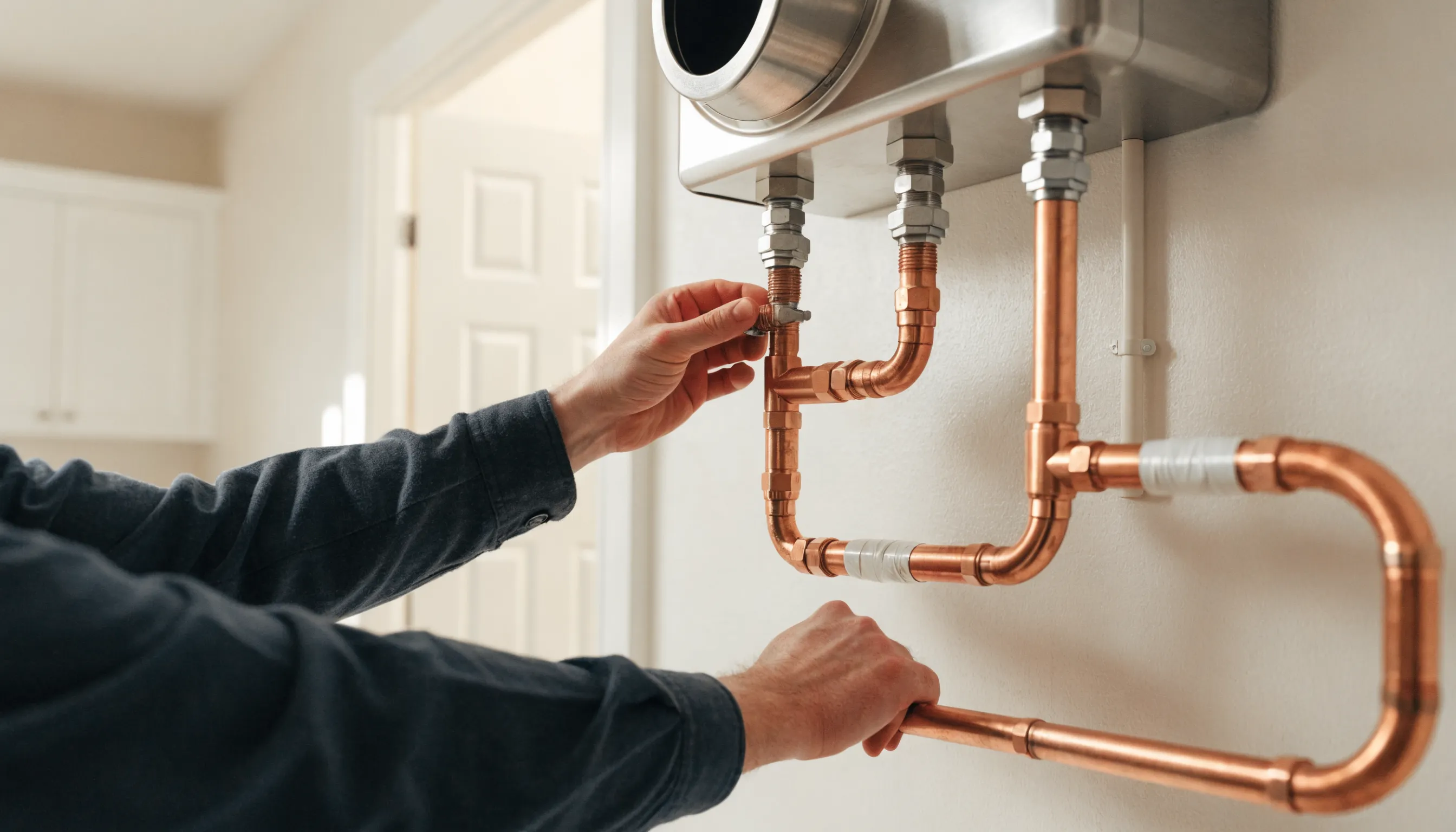 Plumber installing copper piping for a tankless water heater