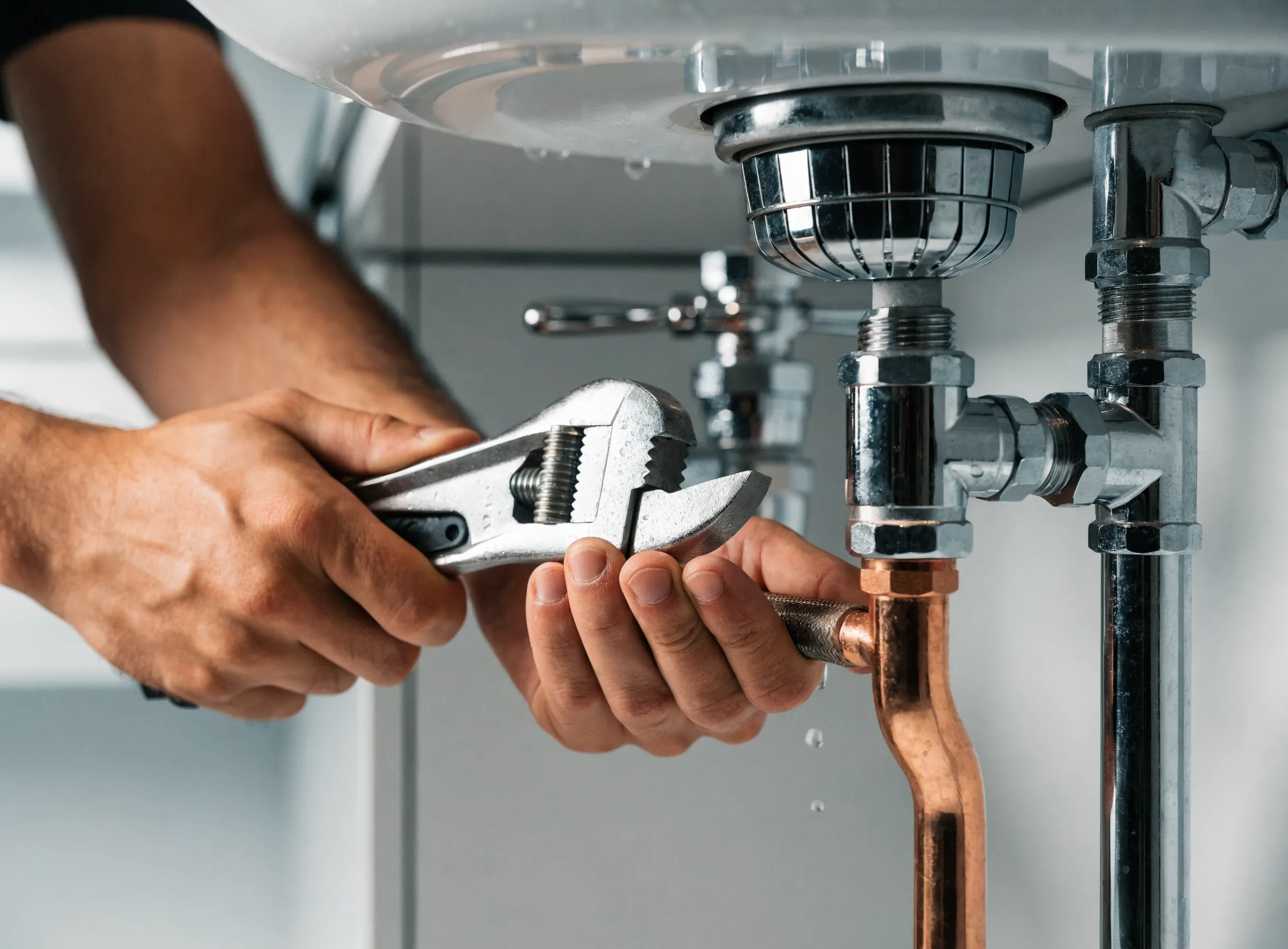 A plumber clearing a clogged drain line under a sink